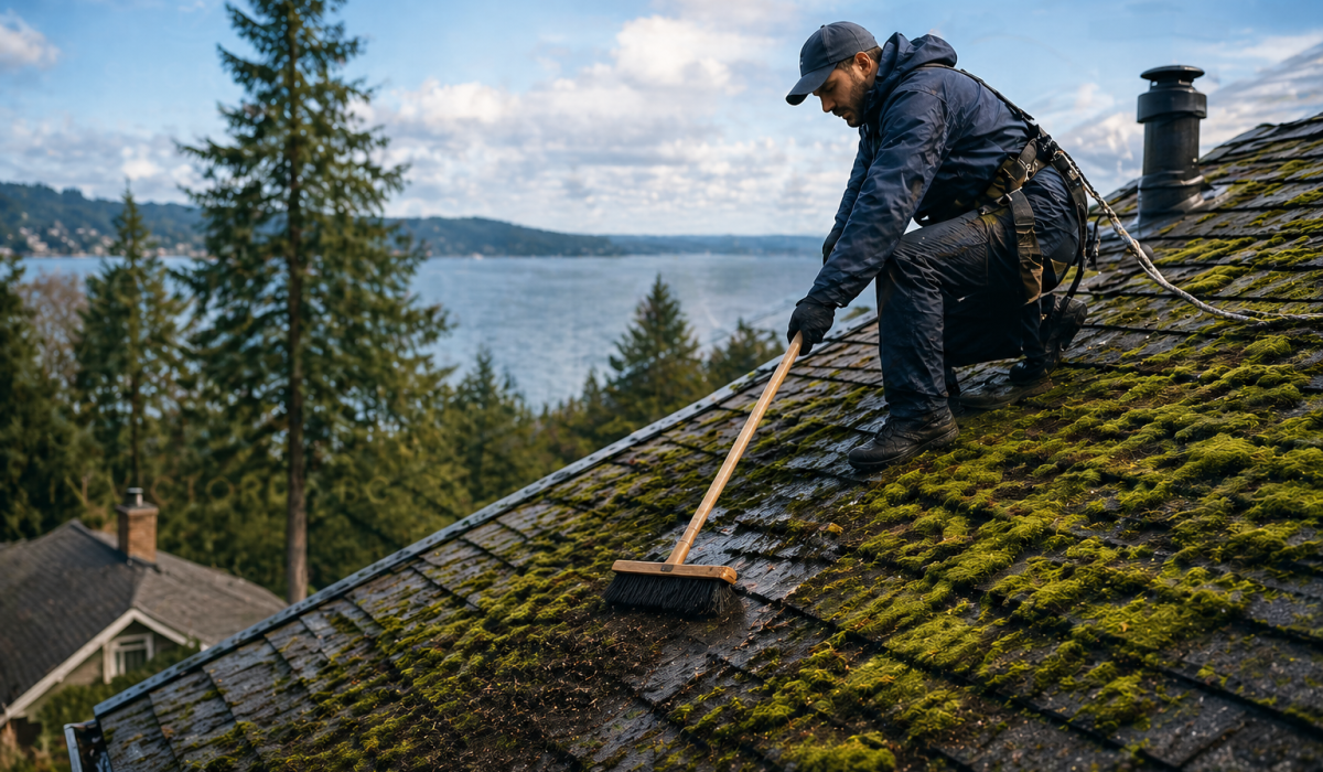 A worker cleaning a moss-covered roof with a long-handled broom in a coastal, forested environmen