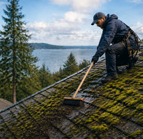 A worker cleaning a moss-covered roof with a long-handled broom in a coastal, forested environmen