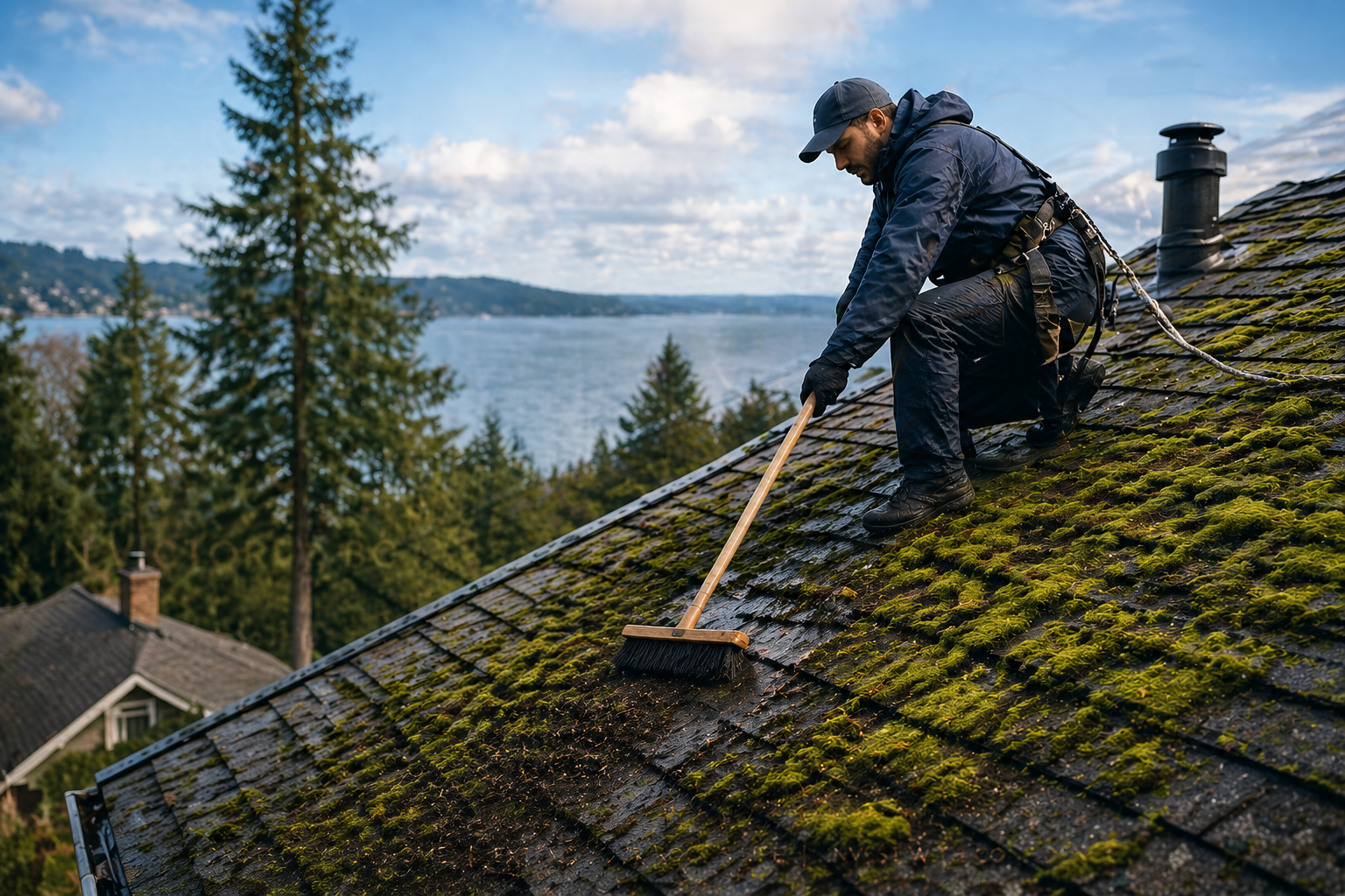 A worker cleaning a moss-covered roof with a long-handled broom in a coastal, forested environmen