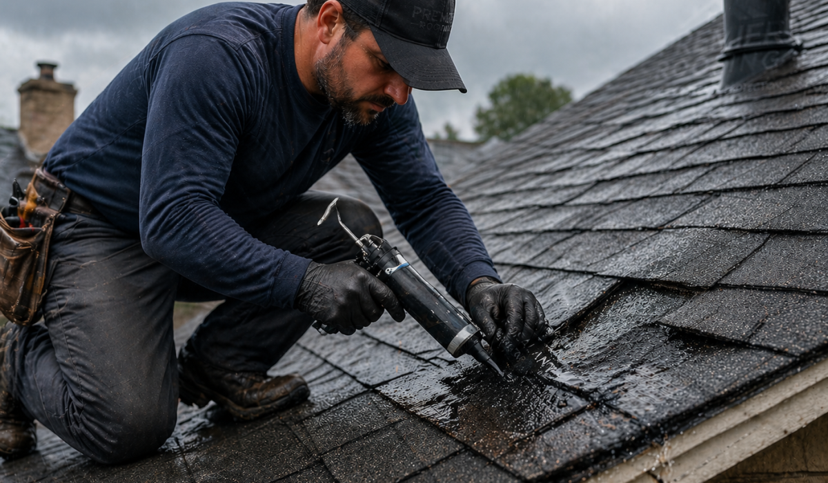 professional roofing contractor working on a roof, repairing damaged shingles or sealing the leak.
