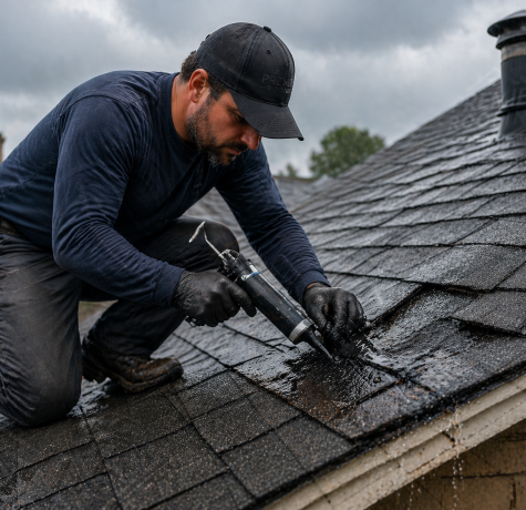 professional roofing contractor working on a roof, repairing damaged shingles or sealing the leak.