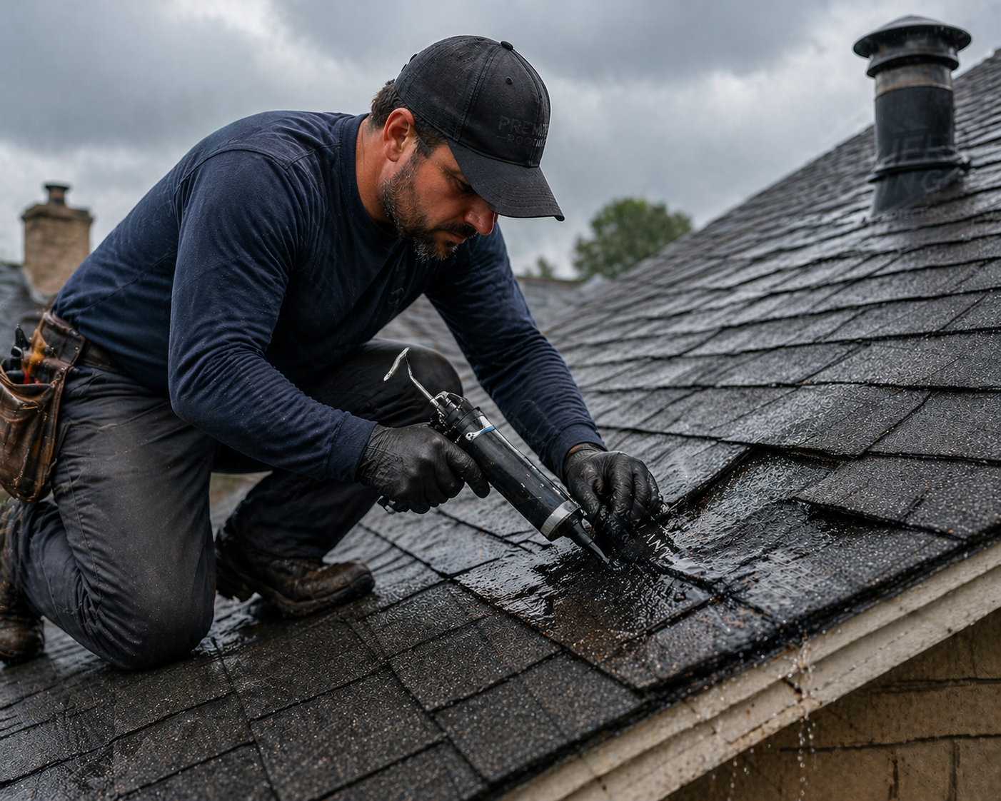 professional roofing contractor working on a roof, repairing damaged shingles or sealing the leak.