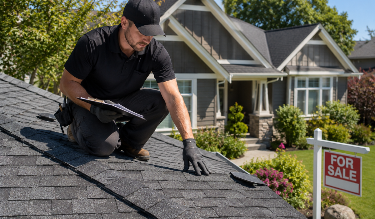 Professional roofer inspecting the roof of a home in Greater Victoria before it is listed for sale during the summer.