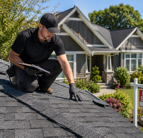 Professional roofer inspecting the roof of a home in Greater Victoria before it is listed for sale during the summer.