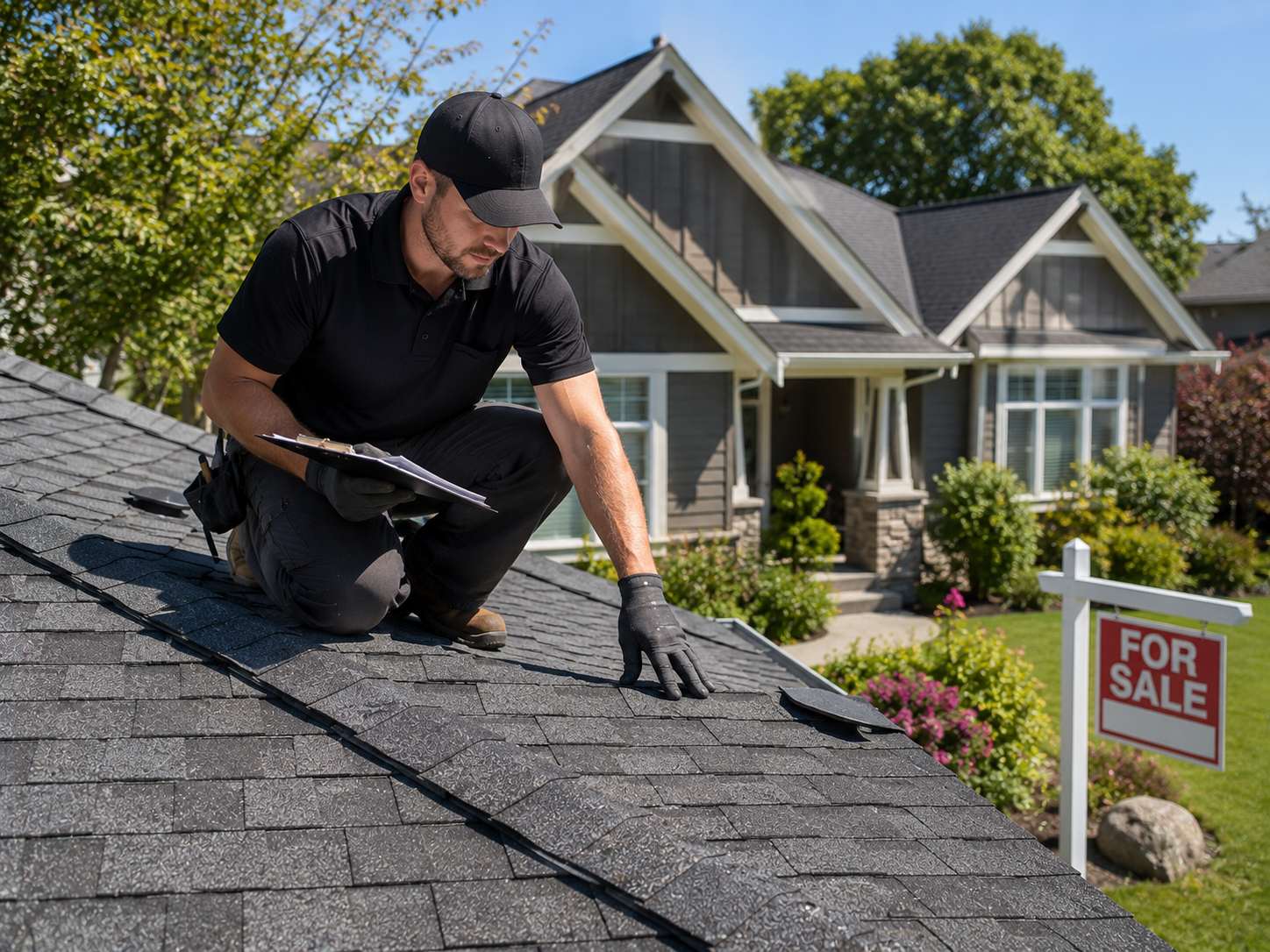Professional roofer inspecting the roof of a home in Greater Victoria before it is listed for sale during the summer.
